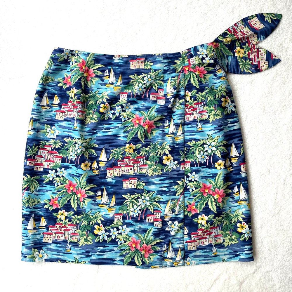 Talbots Hawaiian Tropical 100% Silk Wrap Skirt Size 8 Side Tie Lined Multicolor